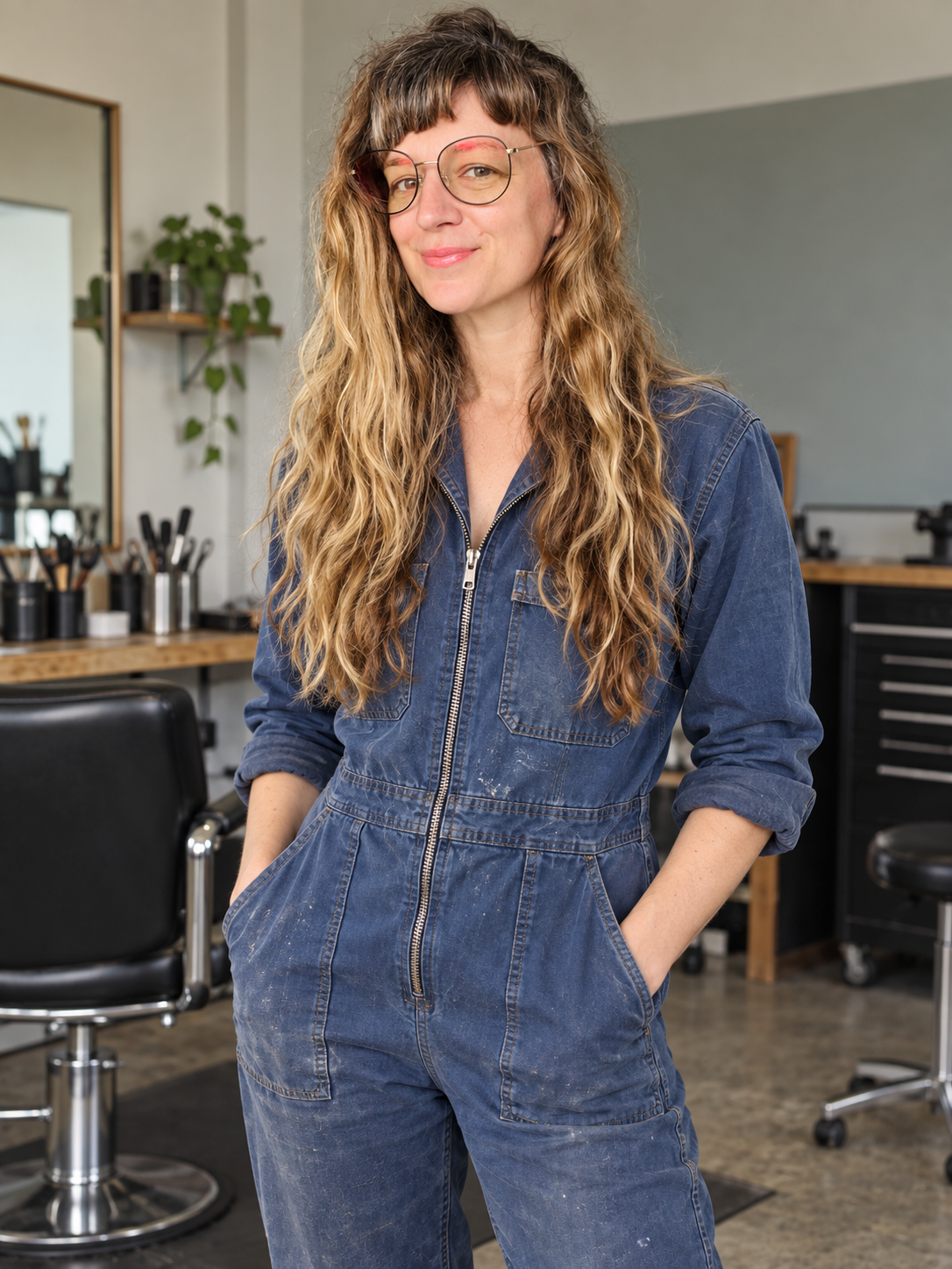 Brandy wearing blue zip-front workwear in a salon